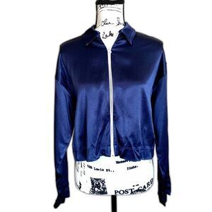 ZARA Blue Satin light jacket effect jacket  zipper long sleeve size M cybercore